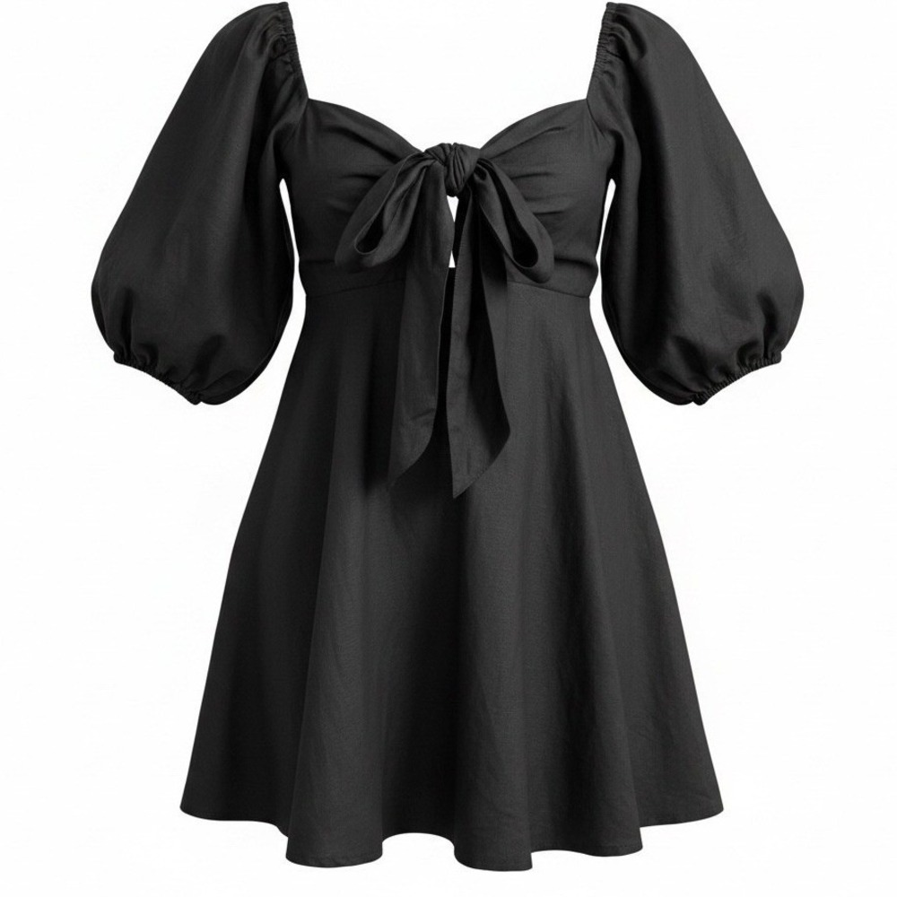 Charlie Holiday Sonny Mini Dress L Black Linen Puff Sleeve Babydoll Smocked LBD